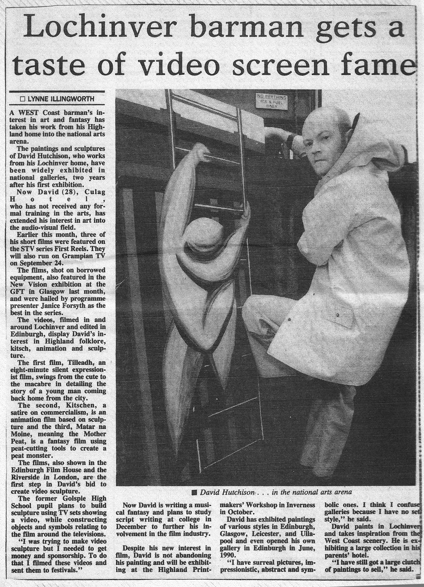 David Hutchison at Culag pier, newspaper cutting