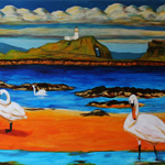 5 swans,Fidra, acrylic on repurposed door, 151cmx76cmx3.5cm