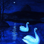 Swans, Culag Loch, Moonlight, acrylic on repurposed hardboard.