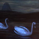 Swans, Culag Loch, Night, acrylic on repurposed hardboard.
