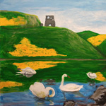 Swans, St Margaret's Loch 1, acrylic on repurposed canvas