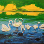 Swans, St Margaret's Loch 2, acrylic on repurposed canvas